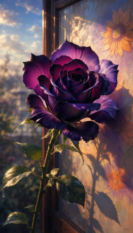 An Oil Painting Of The Image Depicts A Single Dark Purple Ro...