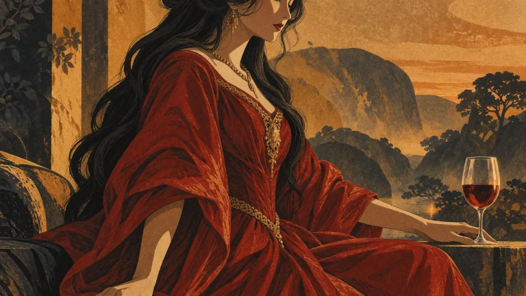 A Regal Woman In A Flowing Crimson Gown Stands Poised, Her L...