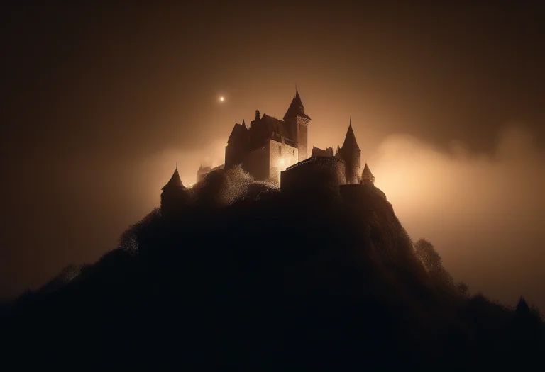 A Hilltop Castle Wreathed In Low Cloud, Cinematic Lighting,...