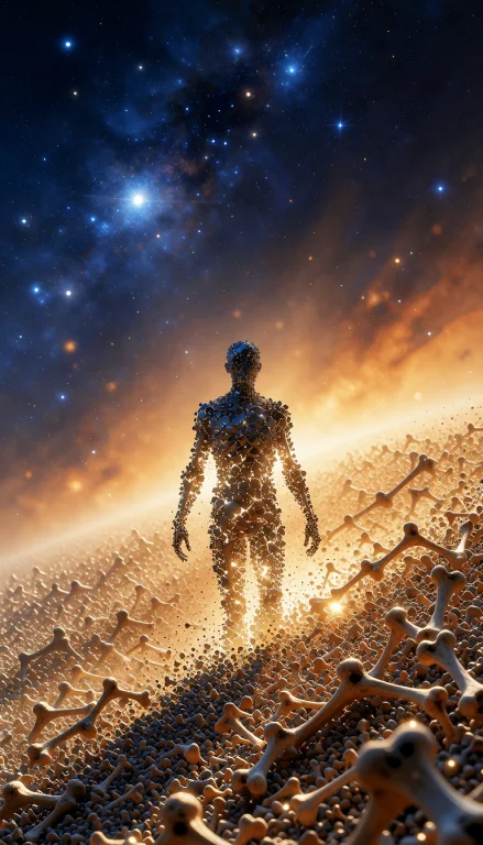 A Humanoid Silhouette Formed By Fragmented Bone Particles Fl...