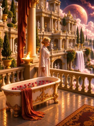 Boet, B4thtb, A Blonde Low Up-do Haired Woman In A White Bat... — Stable Diffusion AI Prompt: BOET, b4thtb, a blonde low up-do haired woman in a white bathrobe, highly detail...