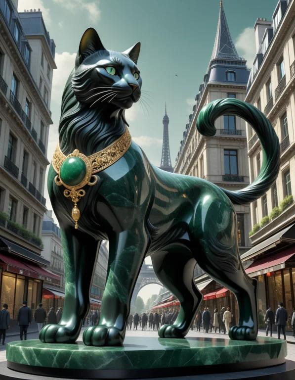 A Giant Cat Walking Through Paris Dark Green Obsidian Jade S...
