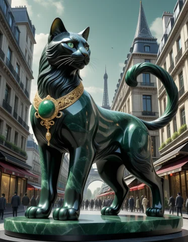 A Giant Cat Walking Through Paris Dark Green Obsidian Jade S... — SDXL AI Prompt: A giant cat walking through Paris dark green obsidian jade style, lazypos, 