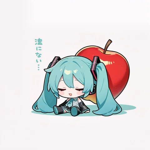 Chibi Hatsune Miku Sitting Next To Apple — Stable Diffusion AI Prompt: chibi hatsune miku sitting next to apple