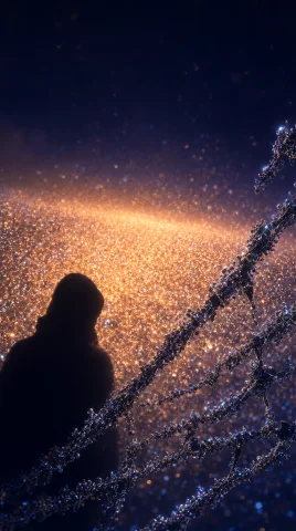 Photorealistic Digital Painting Of A Luminous Particle Field... — Stable Diffusion AI Prompt: Photorealistic digital painting of a luminous particle field with a hooded figur...