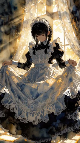 A Breathtaking Watercolor Anime Illustration Of An Elegant V... — Stable Diffusion AI Prompt: A breathtaking watercolor anime illustration of an elegant Victorian maid perfor...