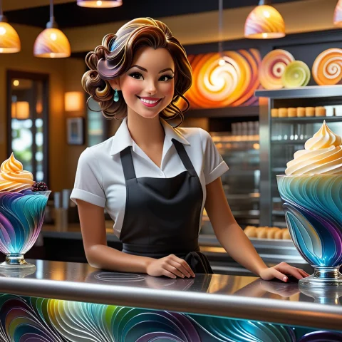 The Waitress Is Standing Behind The Counter Smiling At Guest... — SDXL AI Prompt: the waitress is standing behind the counter smiling at guests inside a novuschro...