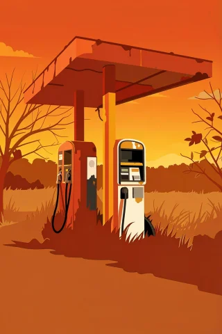 The Image Shows Two Weathered Gas Pumps Positioned Side By S... — FLUX AI Prompt: The image shows two weathered gas pumps positioned side by side under a rusty ca...