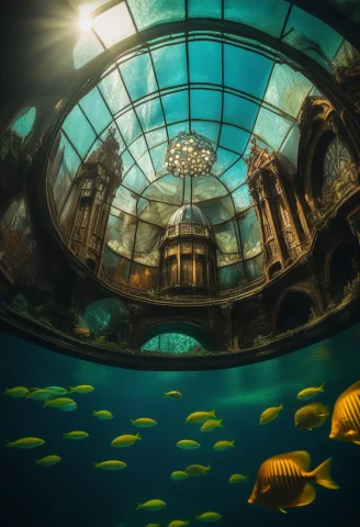 An Underwater Dome City Glowing In The Deep, Stained Glass S... — SDXL AI Prompt: an underwater dome city glowing in the deep, stained glass style, harsh midday s...