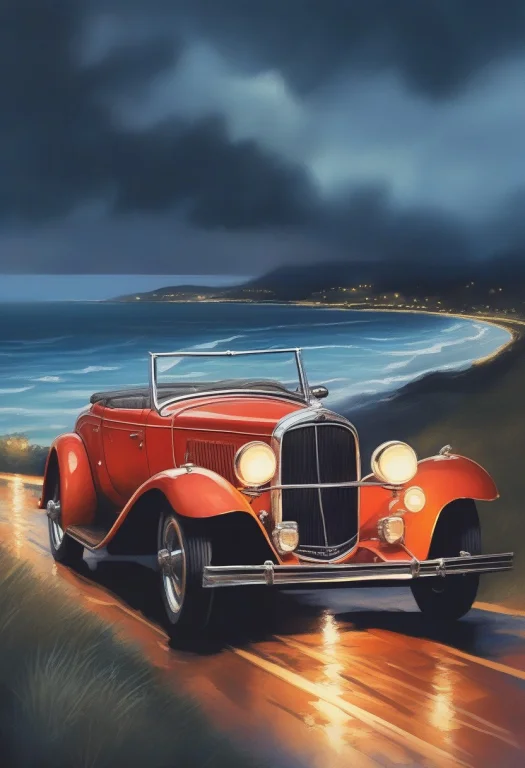A Vintage Roadster Parked On A Coastal Highway, Gouache Pain...