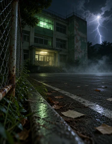 4band0n3d Sch00l, Photorealistic Cinematic Exterior Night Vi... — Stable Diffusion AI Prompt: 4band0n3d sch00l, photorealistic cinematic exterior night view of an entire aban...