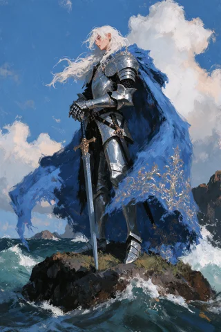 Velnari, M4lph4sx, , A Lone, Armored Knight Stands Atop A Ru... — Stable Diffusion AI Prompt: velnari, @M4LPH4SX, , A lone, armored knight stands atop a rugged, dark rocky cl...