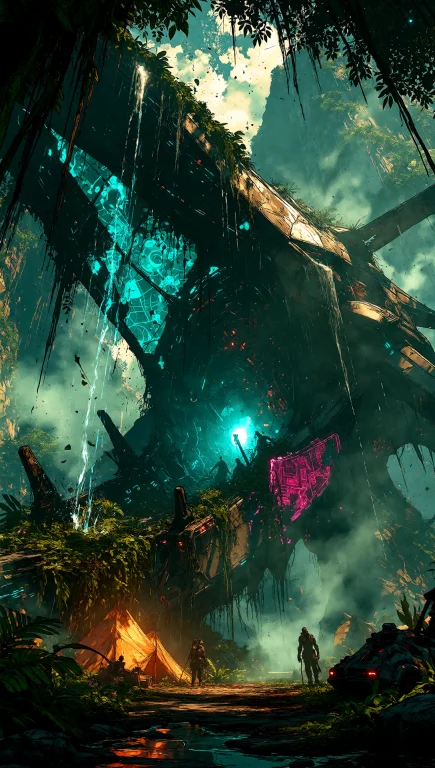 A Cinematic Wide Shot Of A Colossal Crashed Alien Mothership...