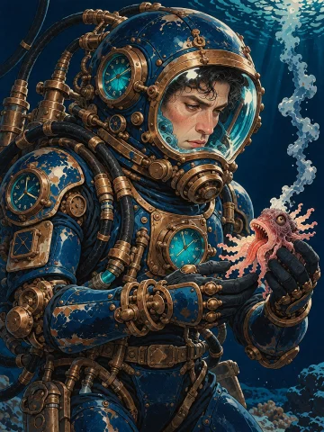 Lorakreapainterlydetail1a Rugged Male Deep-sea Explorer Wear... — Stable Diffusion AI Prompt: A rugged male deep-sea explorer wearing an extraordinary retrofuturistic diving...