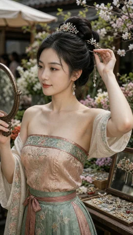 85f1.88k — Stable Diffusion AI Prompt: 一张古风写实人像摄影，一位年轻女子身穿唐代半臂宫衣，衣襟上沿自然下移，露出柔白肩...