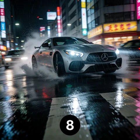 A Powerful Luxury Sports Car Violently Drifting Around A Rai... — Stable Diffusion AI Prompt: A powerful luxury sports car violently drifting around a rain-drenched Tokyo cor...
