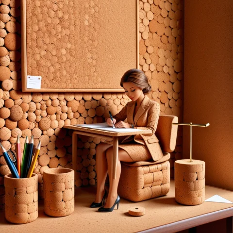 Corkworld, A Tiny Cork-skinned Office Worker At A Desk Made... — SDXL AI Prompt: corkworld, a tiny cork-skinned office worker at a desk made of tan cork, pinning...