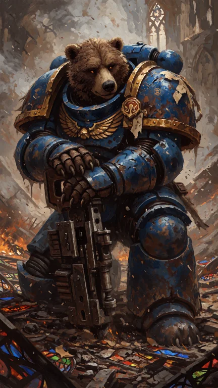 An Adult Anthropomorphic Grizzly Bear Warrior, A Battle-worn...