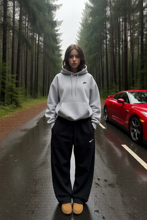 Atractive Brunette Girl, Wearing Nike Grey Hoodie, Black Wid...