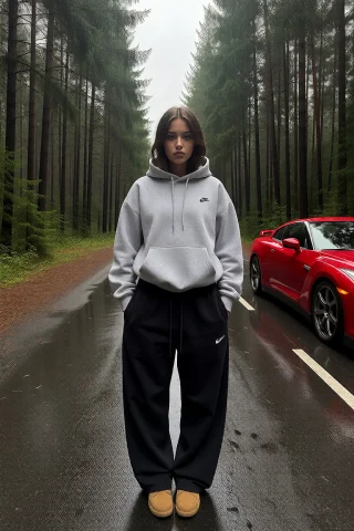 Atractive Brunette Girl, Wearing Nike Grey Hoodie, Black Wid... — Stable Diffusion AI Prompt: atractive brunette girl, wearing nike grey hoodie, black wide sweatpants, forest...