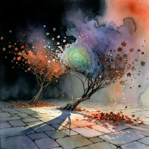 Blowing From The West Fallen Leaves Gather In The East. A Mi... — Stable Diffusion AI Prompt: Blowing from the west Fallen leaves gather In the east. A minimalist ink and was...