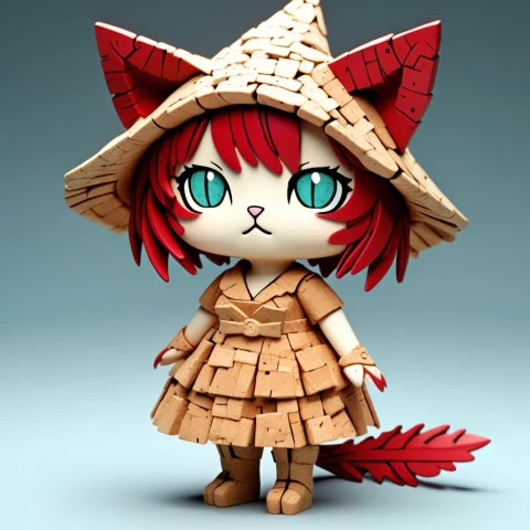 A 3d Chibi Anime Red Hair Cat Girl Wear Cork Witch Dresses M... — SDXL AI Prompt: a 3d chibi anime red hair cat girl wear cork witch dresses made of corkworld