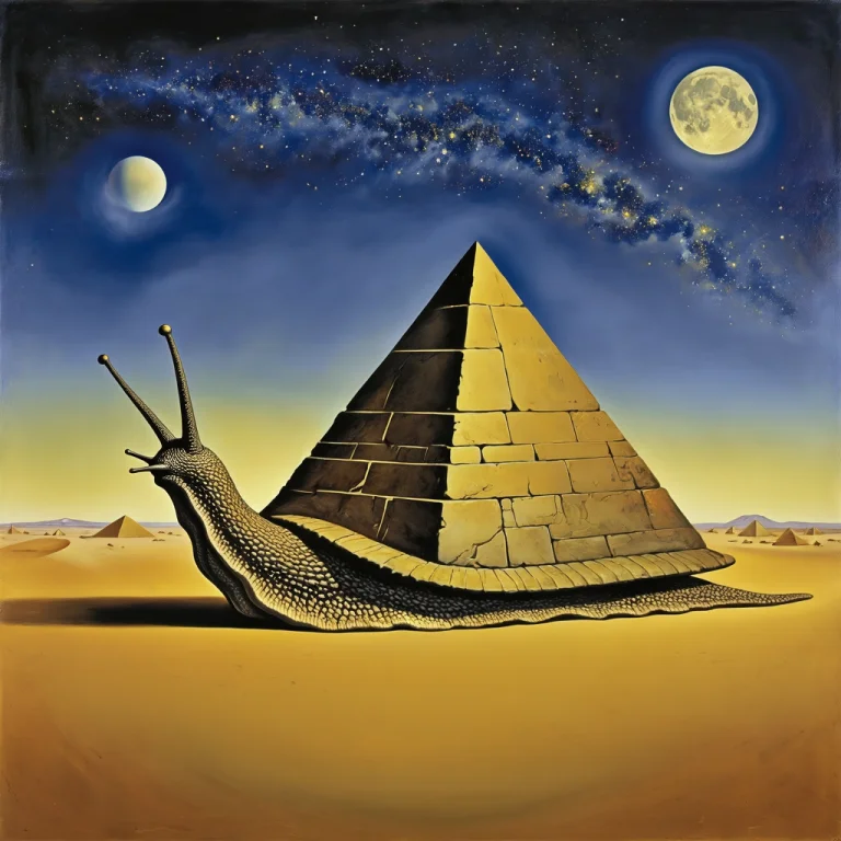 A Surrealist Painting Of A Monumental Snail With A Majestic...