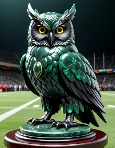 A Superb Owl At An American Football Game Dark Green Obsidia... — SDXL AI Prompt: A superb owl at an American football game dark green obsidian jade style, lazypo...