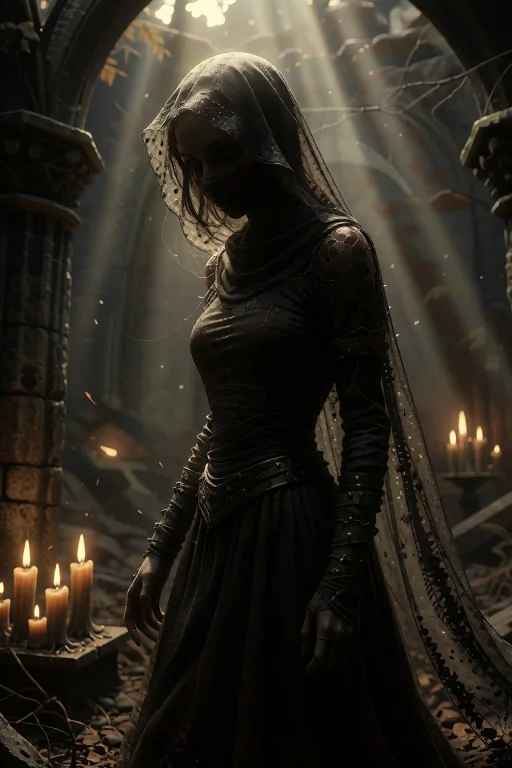Alantha, Standing In A Ruined Stone Chapel, Candlelight.
