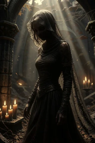 Alantha, Standing In A Ruined Stone Chapel, Candlelight. — Stable Diffusion AI Prompt: alantha, standing in a ruined stone chapel, candlelight.