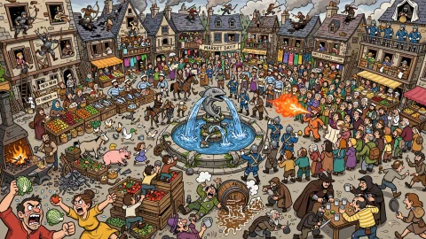 Visual Style High-angle Overhead View Of Public Square In Di... — Stable Diffusion AI Prompt: Visual Style: High-angle overhead view of public square in distant history, flat...