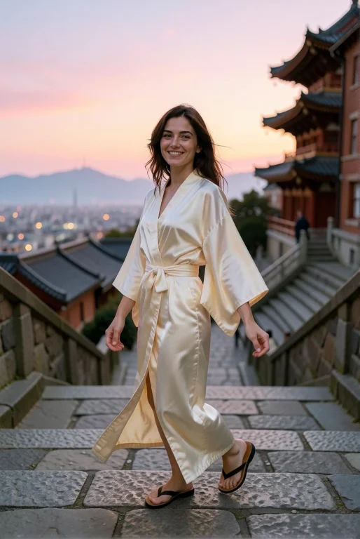 Woman Smile To The Viewer, On A Temple Stair At The Edge Of...