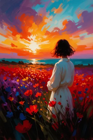 This Digital Painting In A Vibrant, Impressionistic Style De... — Stable Diffusion AI Prompt: This digital painting in a vibrant, impressionistic style depicts a woman standi...