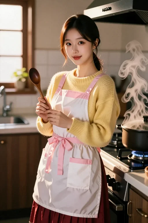 Woman Stands In A Cozy Kitchen, Wearing A Pinkish White Ribb...