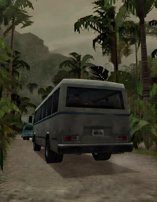 A Bus Driving Through A Jungle Path Lorakrea2rednerware1 6ta...