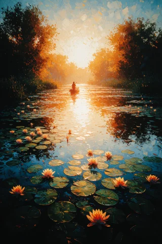 Zidiusart, A Vibrant Impressionist Oil Painting Of A Tranqui... — Stable Diffusion AI Prompt: zidiusArt, A vibrant impressionist oil painting of a tranquil river at sunset. T...