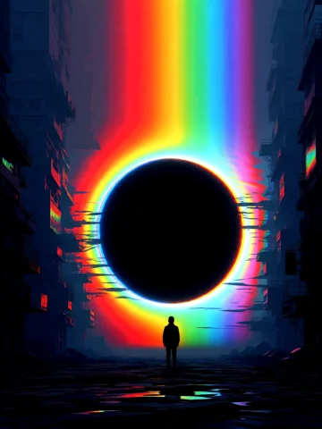 Illustration Artwork A Surreal Urban Scene. At The Center, A... — Stable Diffusion AI Prompt: illustration artwork a surreal urban scene. At the center, a dark, black, circul...