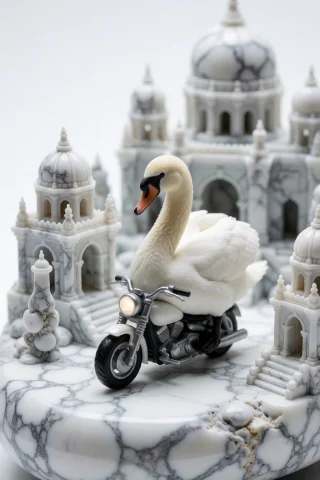 A Breathtaking Macro Photograph Of A Cute Real White Swan Ri... — Stable Diffusion AI Prompt: A breathtaking macro photograph of a cute real white swan riding a tiny motorcyc...