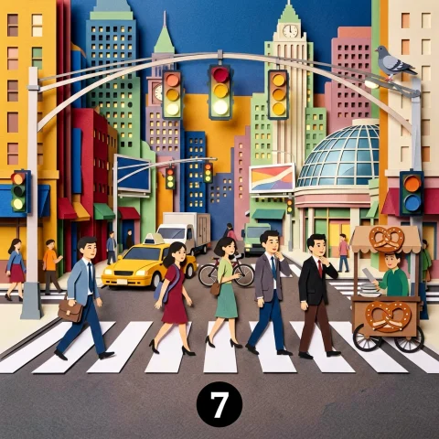 A Busy Downtown Crosswalk During Evening Rush Hour, Captured... — Stable Diffusion AI Prompt: A busy downtown crosswalk during evening rush hour, captured in 2D paper-cut art...