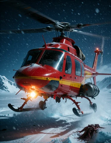 The Bell 206 Jetranger Polar Helicopter, Bright Red And Yell... — Stable Diffusion AI Prompt: (THE Bell 206 JetRanger Polar Helicopter, bright red and yellow turbine utility...
