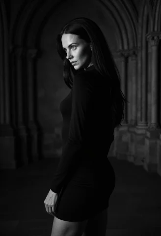 A Full-body, High-contrast Black-and-white Photographic Port... — Stable Diffusion AI Prompt: A full-body, high-contrast black-and-white photographic portrait a young woman w...