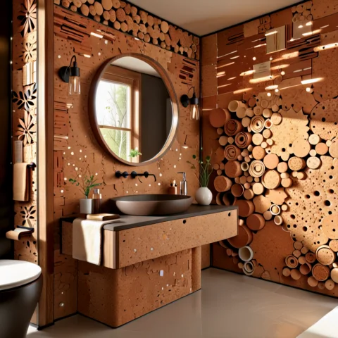 A Bathroom Made Of Corkworld Morph, Organic Nature Cork With... — SDXL AI Prompt: A bathroom made of corkworld morph, organic nature cork with porous surface and...
