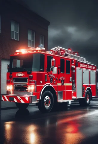A Fire Truck Gleaming Under Station Lights, Low Angle Shot,... — SDXL AI Prompt: a fire truck gleaming under station lights, low angle shot, wide establishing sh...