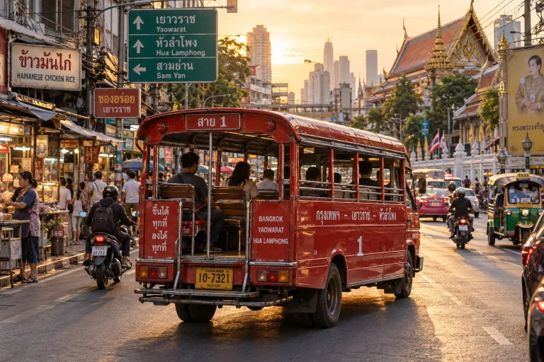 A Vibrant Red Songthaew Bus Travels Down A Bustling Street I...