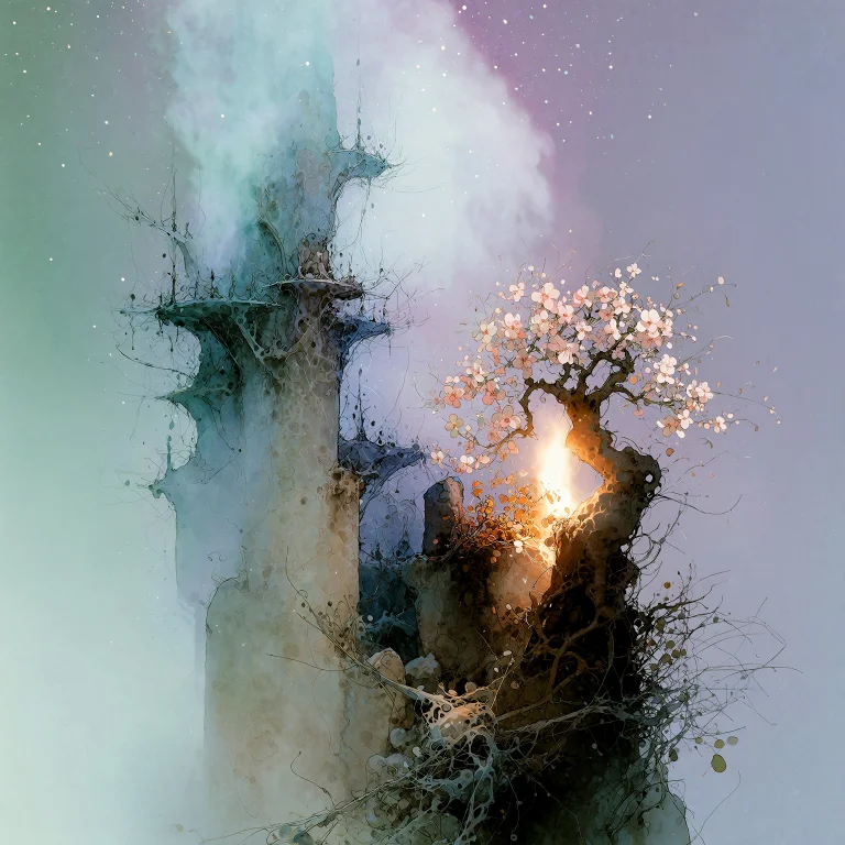 Emerald Towers Dissolve Into Pale Mistectral Lights