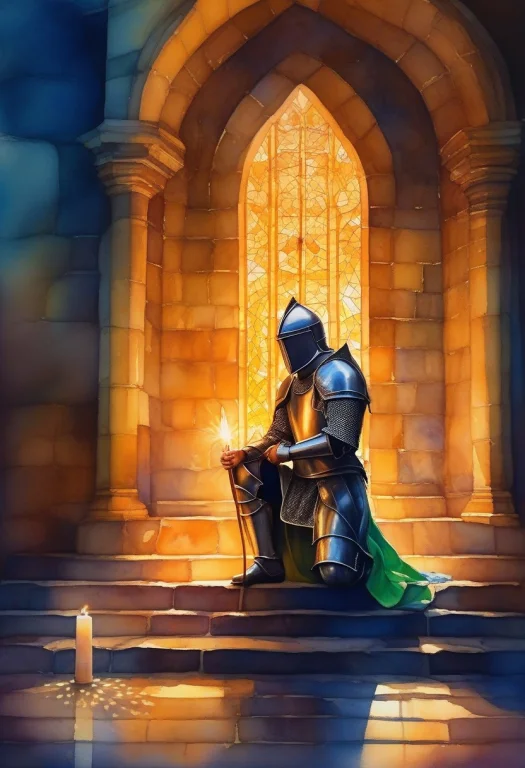 Masterpiece, Best Quality, A Knight Kneeling In A Candlelit...
