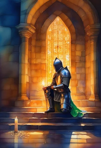Masterpiece, Best Quality, A Knight Kneeling In A Candlelit... — SDXL AI Prompt: masterpiece, best quality, a knight kneeling in a candlelit stone chapel, waterc...