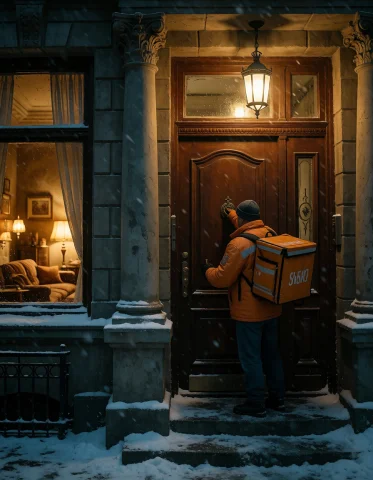 Cyberpunk Soviet Punk Style Of A Food Delivery Man, He Is We... — Stable Diffusion AI Prompt: cyberpunk soviet punk style of a food delivery man, he is wearing a light orange...