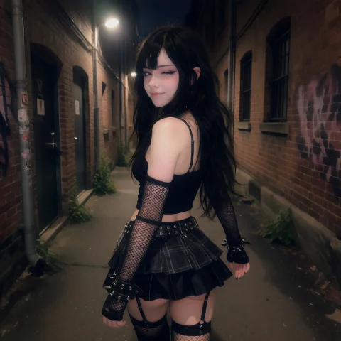 Nova, V, Dressed In A Goth E Girl Club Outfit Walking Down A... — Stable Diffusion AI Prompt: Nova, “V”, dressed in a goth e girl club outfit walking down a dim alleyway, hea...