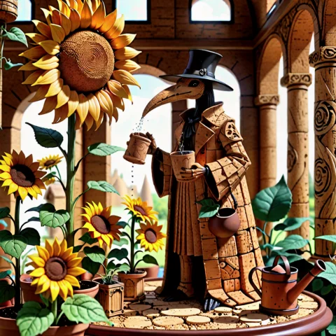 Corkworld, Lazypos Solemn Plague Doctor Watering A Gigantic... — SDXL AI Prompt: corkworld, lazypos Solemn plague doctor watering a gigantic sunflower growing fr...